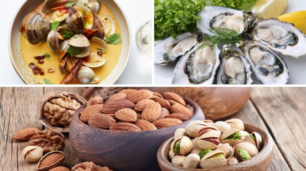 Meeresfrüchte und Nüsse helfen, das Testosteron im Körper eines Mannes zu erhöhen